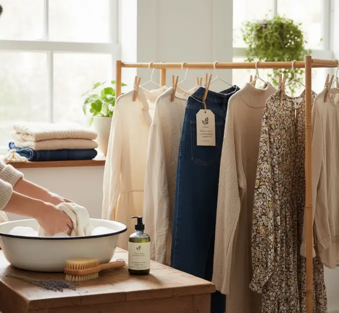 Vêtements éthiques suspendus dans une garde-robe responsable