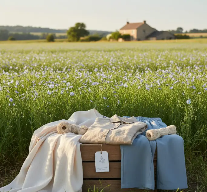 Champ de lin en fleurs illustrant la mode durable et les matières naturelles